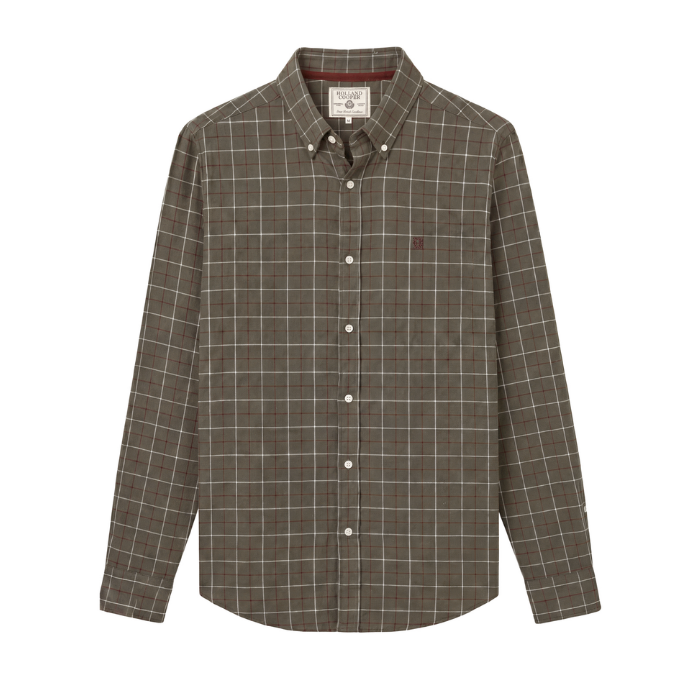 Holland Cooper Men's Classic Fit Brushed Cotton Shirt Variant Ruby Khaki Check. A long-sleeve button-down shirt in a brown and beige windowpane plaid pattern, shown flat against a white background.
