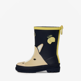 LeMieux AW26 Splash Welly Varient Lemon. A single children's rain boot, featuring a black and beige horse face design with a yellow trim and a yellow lemon graphic on the side.