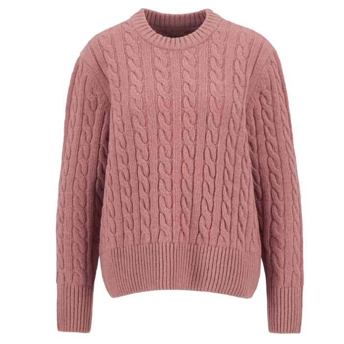 pink cable knit Barbour jumper on a white background