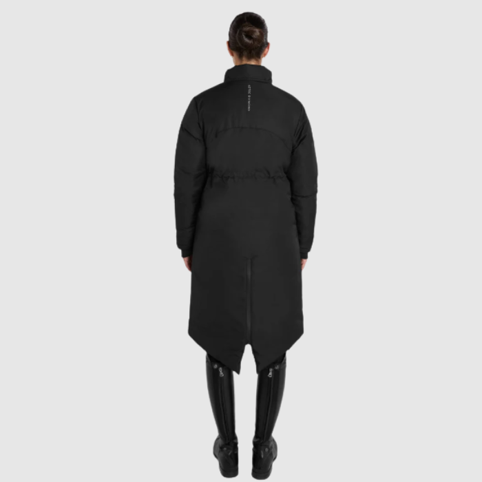 Back of person wearing a black coat on a white background