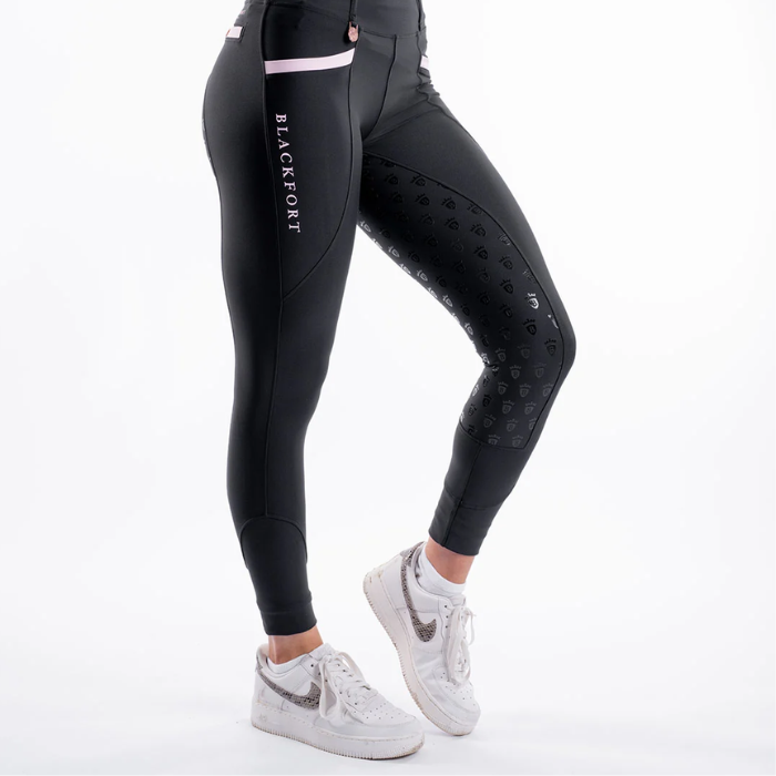 Blackfort AW26 Training Tights 3.0 Variant  Black/ Blush Pink. Back pair of riding tights with pink detailing against a white background. 