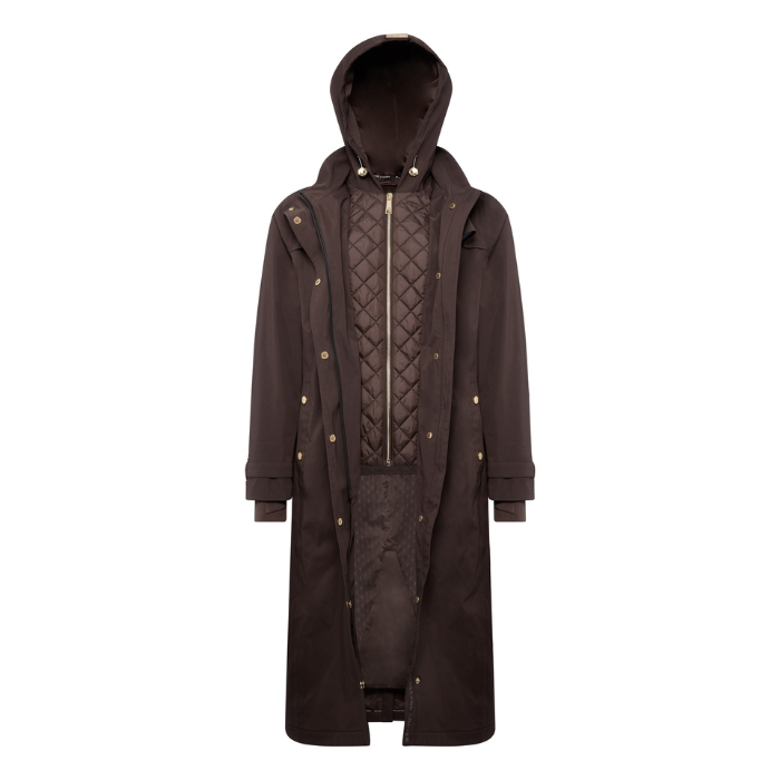 Holland Cooper Folgate Rain Coat Variant Chocolate. Long brown quilted coat with gold button detailing and an inner puffer gilet on a white background. 