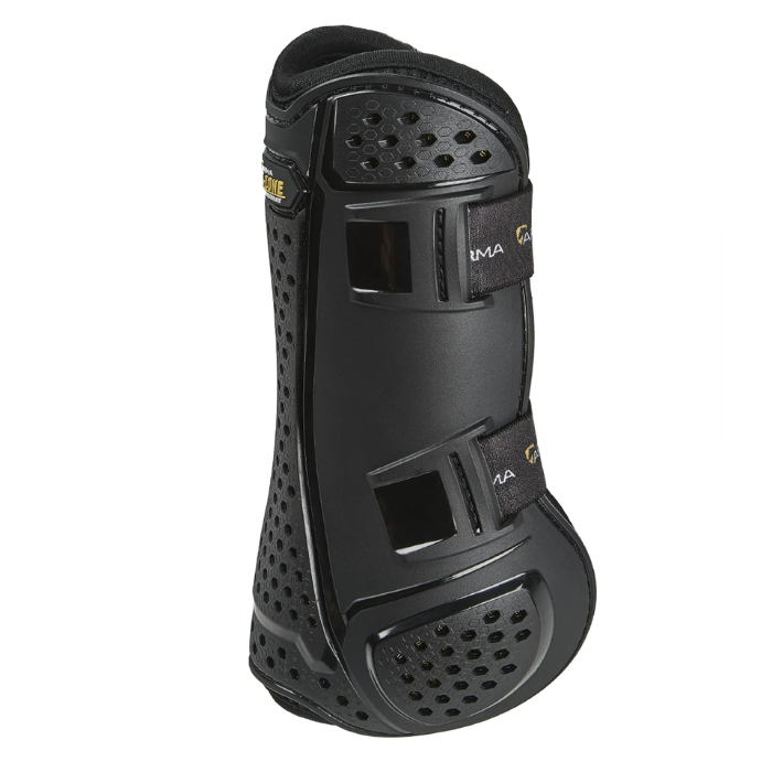Shires Arma Oxi-Zone Tendon Boots Varient Black. Black tendon boot with padded interior on a white background. 