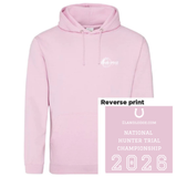 A light pink pullover hoodie shown on a white background, with a small white chest logo and a pink inset labeled 'Reverse print' showing the printed championship graphic on the back.