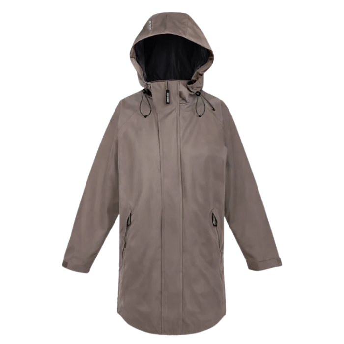 Reincoat Parka Lite Varient Dune. A mid-length hooded rain jacket in a muted taupe-brown color, featuring a full front zipper, adjustable drawstrings, and zippered side pockets, shown against a plain white background.