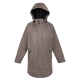 Reincoat Parka Lite Varient Dune. A mid-length hooded rain jacket in a muted taupe-brown color, featuring a full front zipper, adjustable drawstrings, and zippered side pockets, shown against a plain white background.