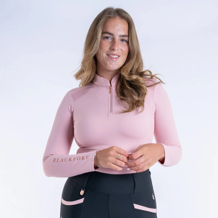 Blackfort Cool Mesh Baselayer AW26-Longsleeve Variant Blush Pink. Pink long sleeve Base Layer with Rose Gold detailing agaisnt a white background. 