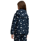 LeMieux AW26 Mini Pippin Splash Jacket Varient Navy. A child shown from the back wearing a navy hooded jacket and matching pants with an allover white animal print, photographed against a plain white studio background.