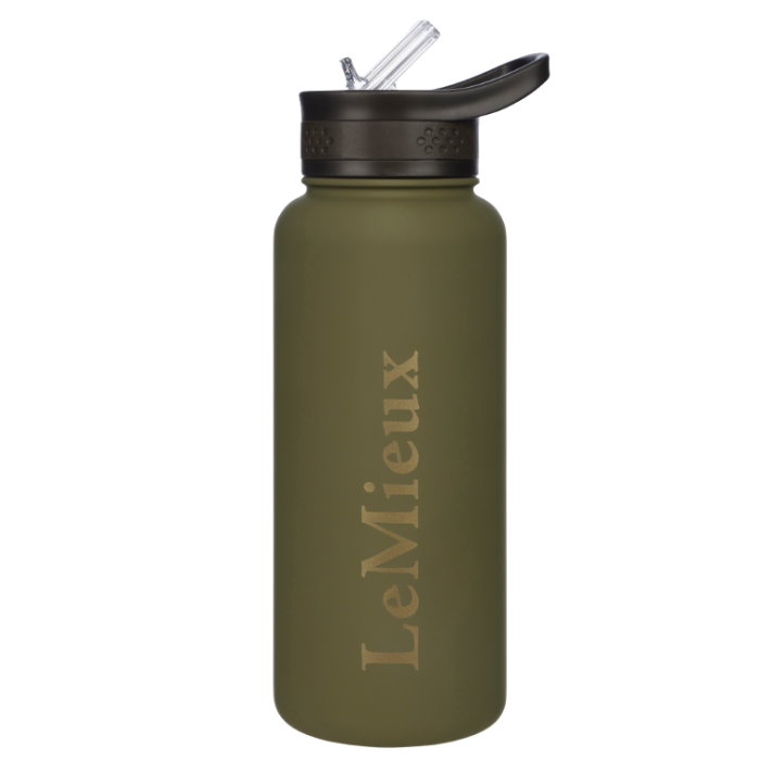 LeMieux AW26 Drinks Bottle Varient Willow Green. An olive green insulated water bottle with a black lid and clear straw, featuring the brand name 'LeMieux' printed vertically in gold on the front, set against a plain white background.