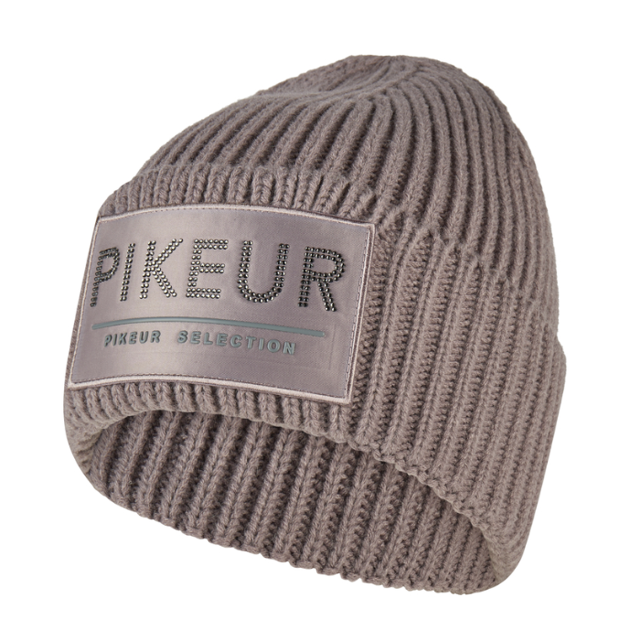 Pikeur Beanie Selection 285800 Variant Ash Mauve. A ribbed knit beanie in taupe gray with a rectangular brand patch on the front reading 'PIKEUR' and 'PIKEUR SELECTION'.