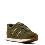 Ariat Ladies Ranch Runner H20 Varient Olive Night. Olive green trainer with a white sole and 'Ariat' branding on a white background. 