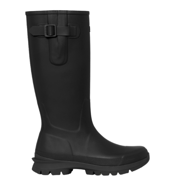 LeMieux AW26 Mens Bramshaw Welly Varient Black. A single black rubber rain boot with a strap and buckle detail on the side, shown in a side profile against a plain white background.