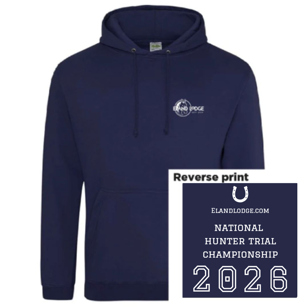 A navy blue pullover hoodie with a small white chest logo, shown on a white background with a printed sample inset labeled 'Reverse print' displaying the Eland Lodge National Hunter Trial Championship 2026 design.
