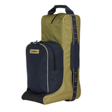 LeMieux AW26 Boot & Hat Bag Varient Gooseberry. A LeMieux equestrian hat and boot bag in olive green and navy blue, featuring a top carry handle, a front zippered pocket, and a vertical brand stripe on the side.