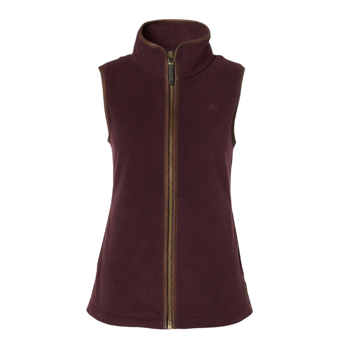 Holland Cooper Country Fleece Gilet Variant Mulberry. A sleeveless fleece vest in a deep burgundy color, featuring a full-length front zipper with a gold-toned pull and a small tonal embroidered logo on the left chest, shown against a plain white background.