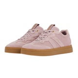 LeMieux AW26 Stockbridge Suede Trainers Variant Colour Wild Rose.
A pair of light pink suede sneakers with gum soles and gold branding details, shown against a plain white background.