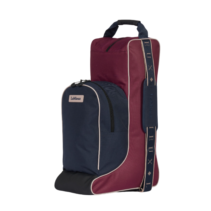 LeMieux AW26 Boot & Hat Bag Varient Blackberry. A LeMieux equestrian boot and hat bag set featuring a tall burgundy and navy main bag with a smaller matching front pocket, shown on a plain white background.