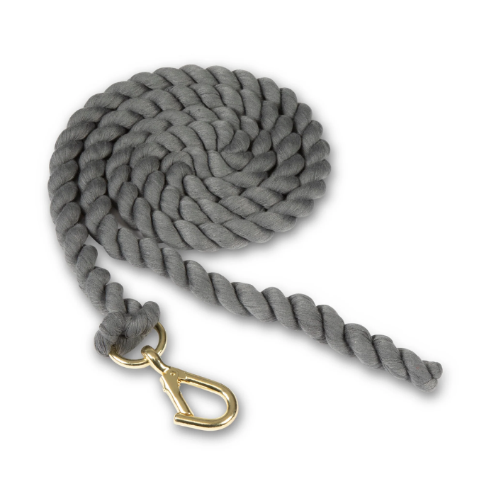 Grey leadrope with gold clip on a white background. 