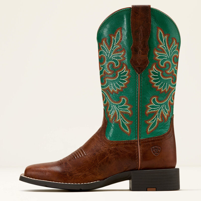 Ariat Ladies Round Up Wide Square Toe StretchFit Western Boot in Arizona Brown/Jade Green