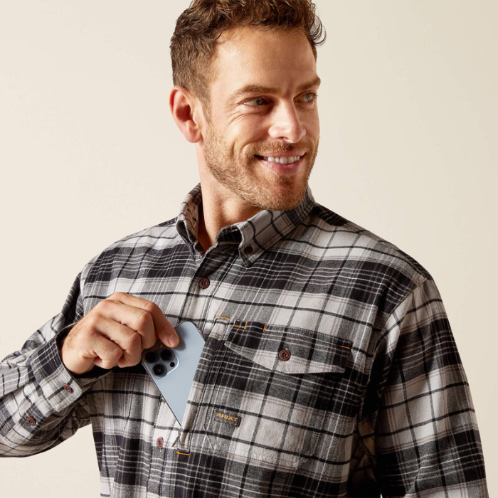 Ariat Mens Rebar Flannel Durastretch Work Shirt in Charcoal Grey