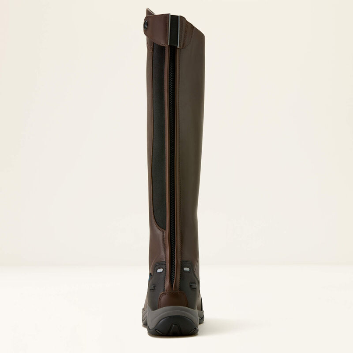 brown long riding boot with a zipper fastening on a white background