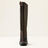brown long riding boot with a zipper fastening on a white background