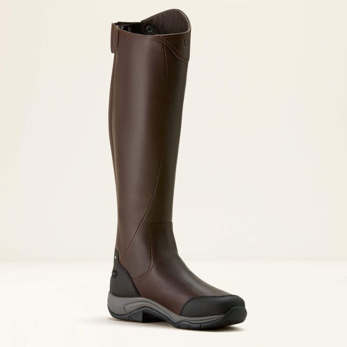Brown long boot with black sole on a beige background