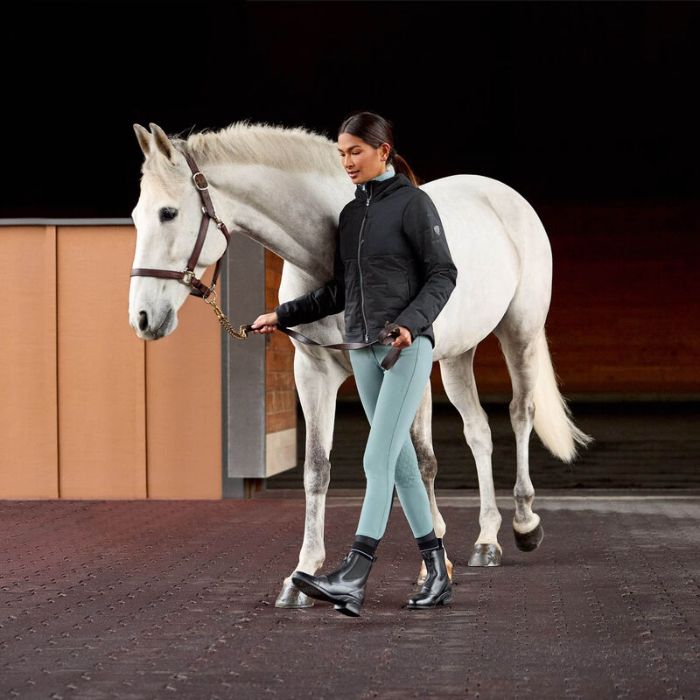 Woman walking a white horse in an indoor arena
