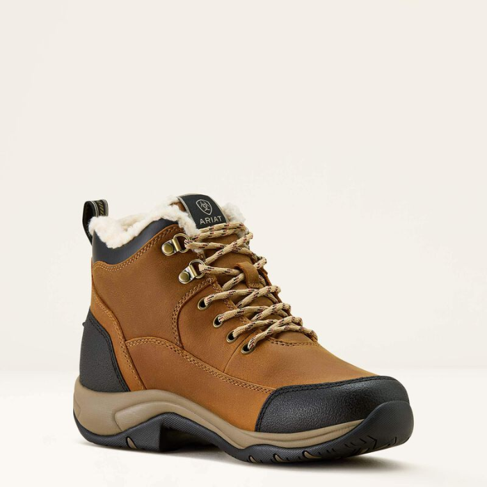 Brown hiking boot with black sole on a beige background