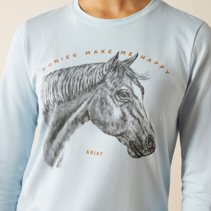 Light blue long-sleeve shirt with horse graphic and 'Ponies Make Me Happy' text on a neutral background