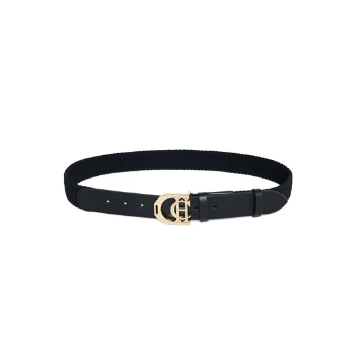 Holland Cooper Stirrup Heritage Belt Variant Colour Black Crystal. A black belt with CH gold buckle on white background. 