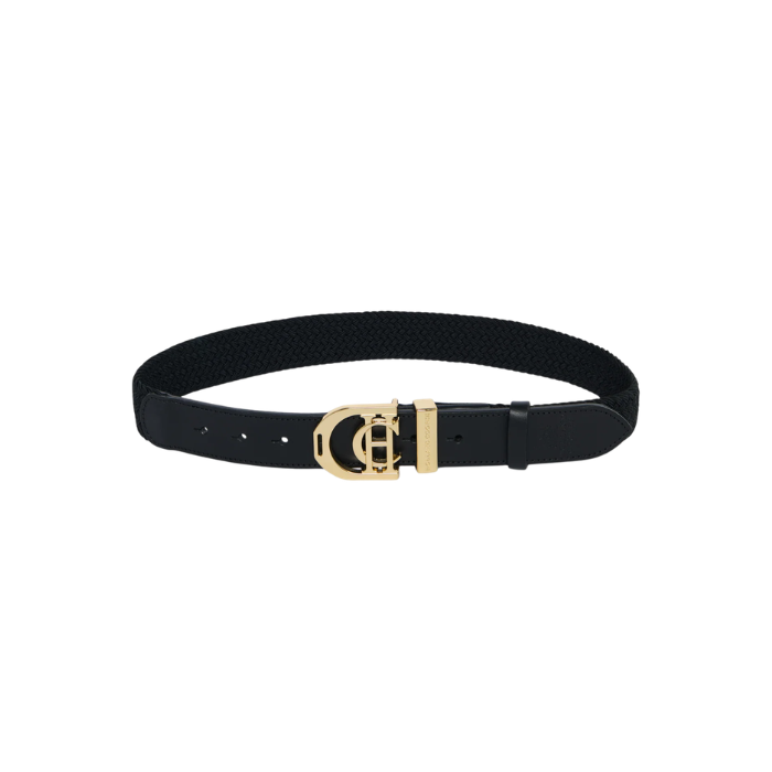 Holland Cooper Stirrup Heritage Belt Variant Colour Black. A black belt with CH gold buckle on white background. 