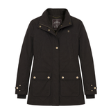 Holland Cooper Bramwell Waterproof Country Coat Variant Colour Bournville.
A brown waxed cotton utility jacket with gold-tone snap buttons and a small embroidered logo on the left chest, displayed against a solid white background.