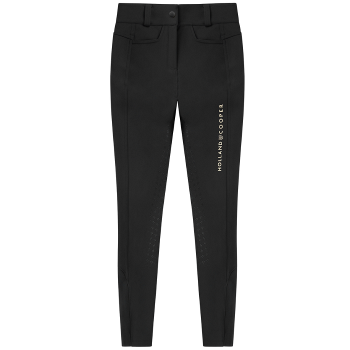 Holland Cooper Chiltern Contour Breeches Variant Colour Black.
A pair of black horse riding pants with brand 'Holland Cooper' on left leg. 