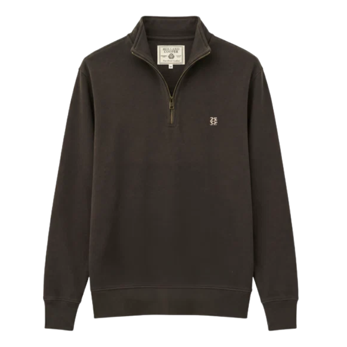 Holland Cooper Classic Quarter Zip Sweat (Men's) Variant Colour Bournville.
An green quarter-zip sweatshirt with a small embroidered logo on the left chest, displayed on a clean white background.