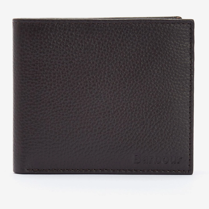 Brown leather wallet with 'Barbour' branding on a white background
