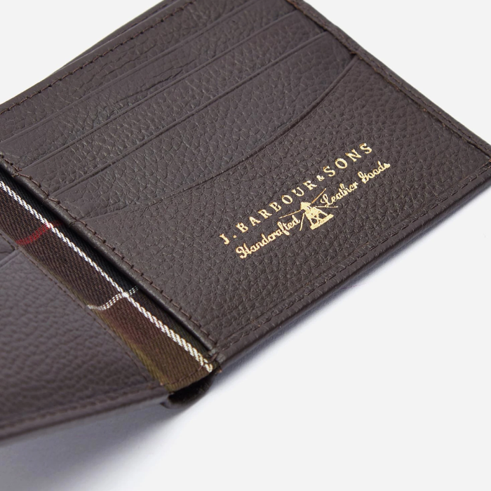 Brown leather wallet with tartan detail and 'J. Barbour & Sons' branding on a white background