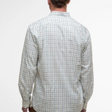 Person wearing a checked shirt from behind on a plain background