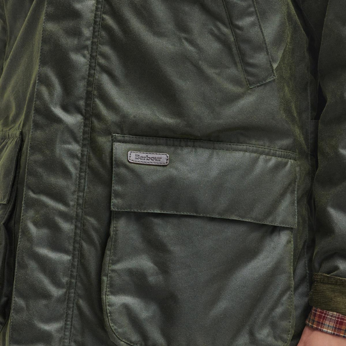 Pocket Detail of Barbour Mens Bleaberry Wax Jacket in Fern