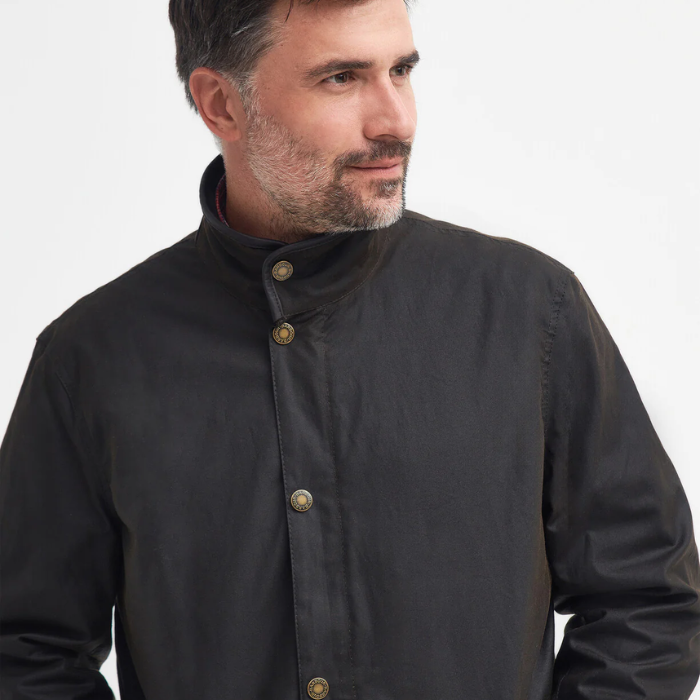 Close Up Barbour Mens Mowden Wax Jacket in Olive