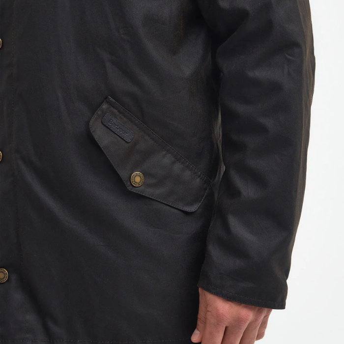 Pocket Detail on Barbour Mens Mowden Wax Jacket in Olive