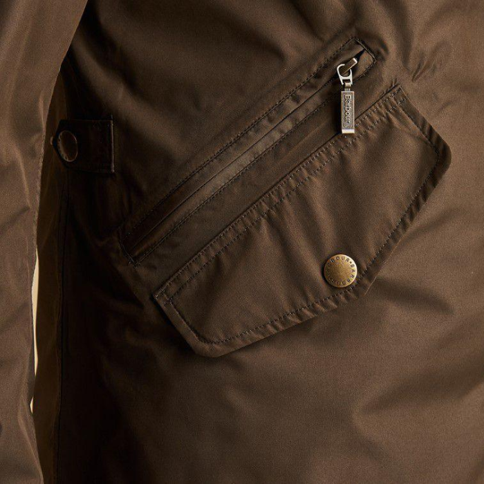 Zip Detail on Barbour Men's Spoonbill Jacket in Dark Olive