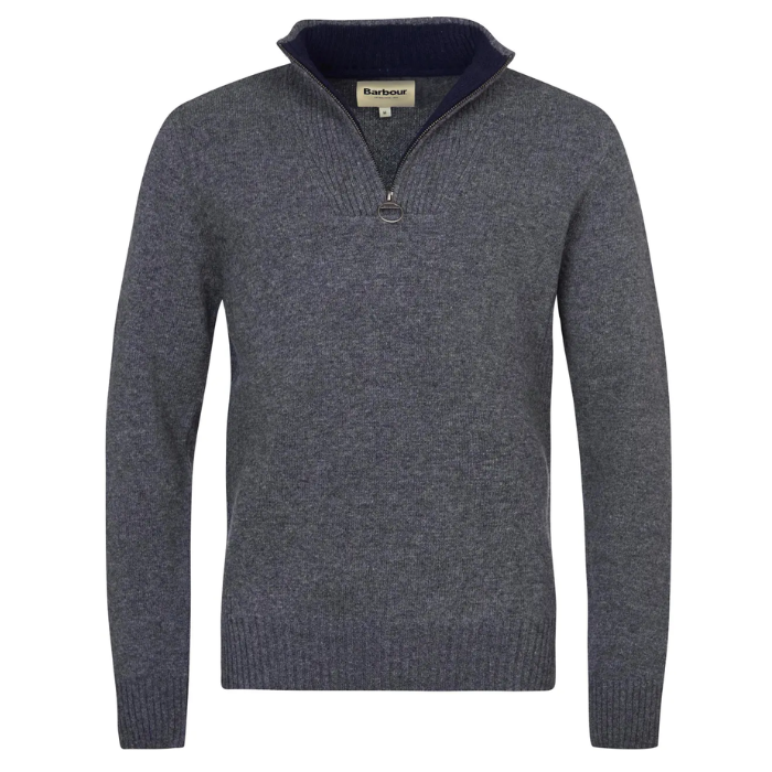 Grey Barbour knitted jumper with a brand label on a white background