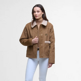 Woman wearing a brown jacket with fur trim on a white background