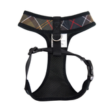 Tartan print dog harness with mesh inner material on a white background