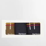 Two pairs of socks with plaid patterns and Barbour branding on a white background