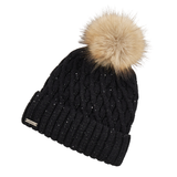 LeMieux AW26 Bernie Sequin Beanie Variant Colour Black.
A black cable-knit beanie hat with a fluffy tan faux-fur pom-pom on top, shown on a plain white background.