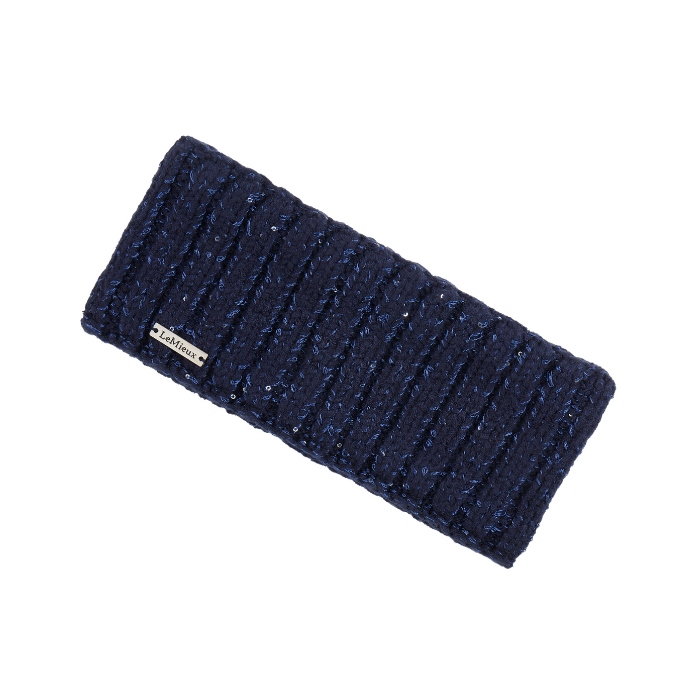 LeMieux AW26 Bernie Sequin Headband Variant Colour Navy.
A navy blue ribbed knit ear warmer headband with a small silver metal brand tag reading 'Le Mieux', shown on a plain white background.
