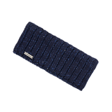 LeMieux AW26 Bernie Sequin Headband Variant Colour Navy.
A navy blue ribbed knit ear warmer headband with a small silver metal brand tag reading 'Le Mieux', shown on a plain white background.