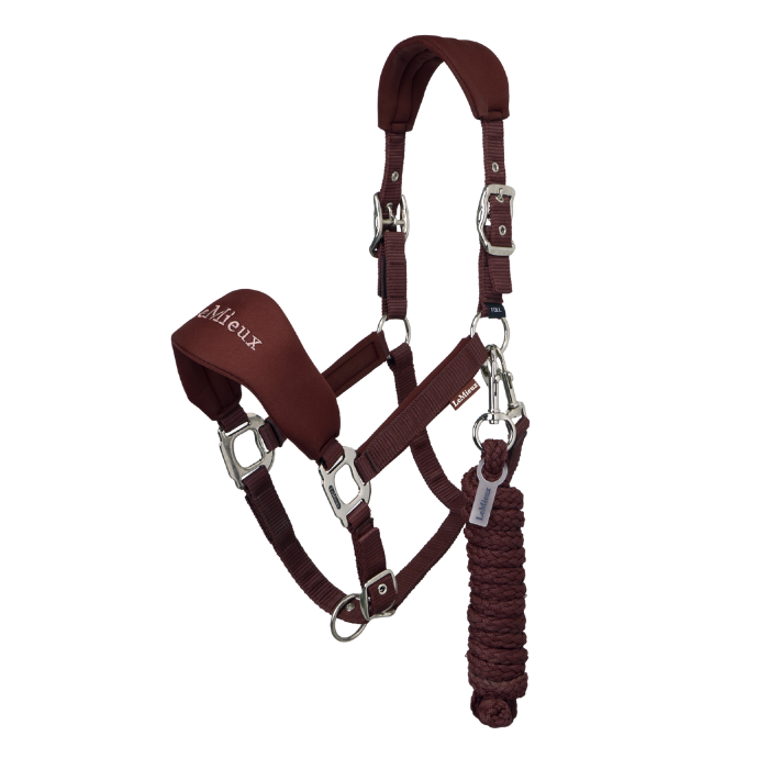 LeMieux AW26 Breakaway Vogue Headcollar & Leadrope Variant Colour Bramble.
A dark burgundy horse halter with silver metal hardware and a matching braided lead rope, shown against a plain white background. The brand name 'LeMieux' is visible on the strap and on the small tag near the lead rope attachment.